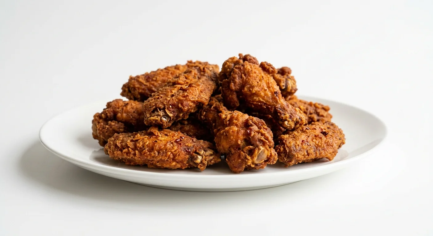 Popeyes 12 Hot Wings, a large pile of crispy spicy fried chicken wings on a white plate, nutrition and calories