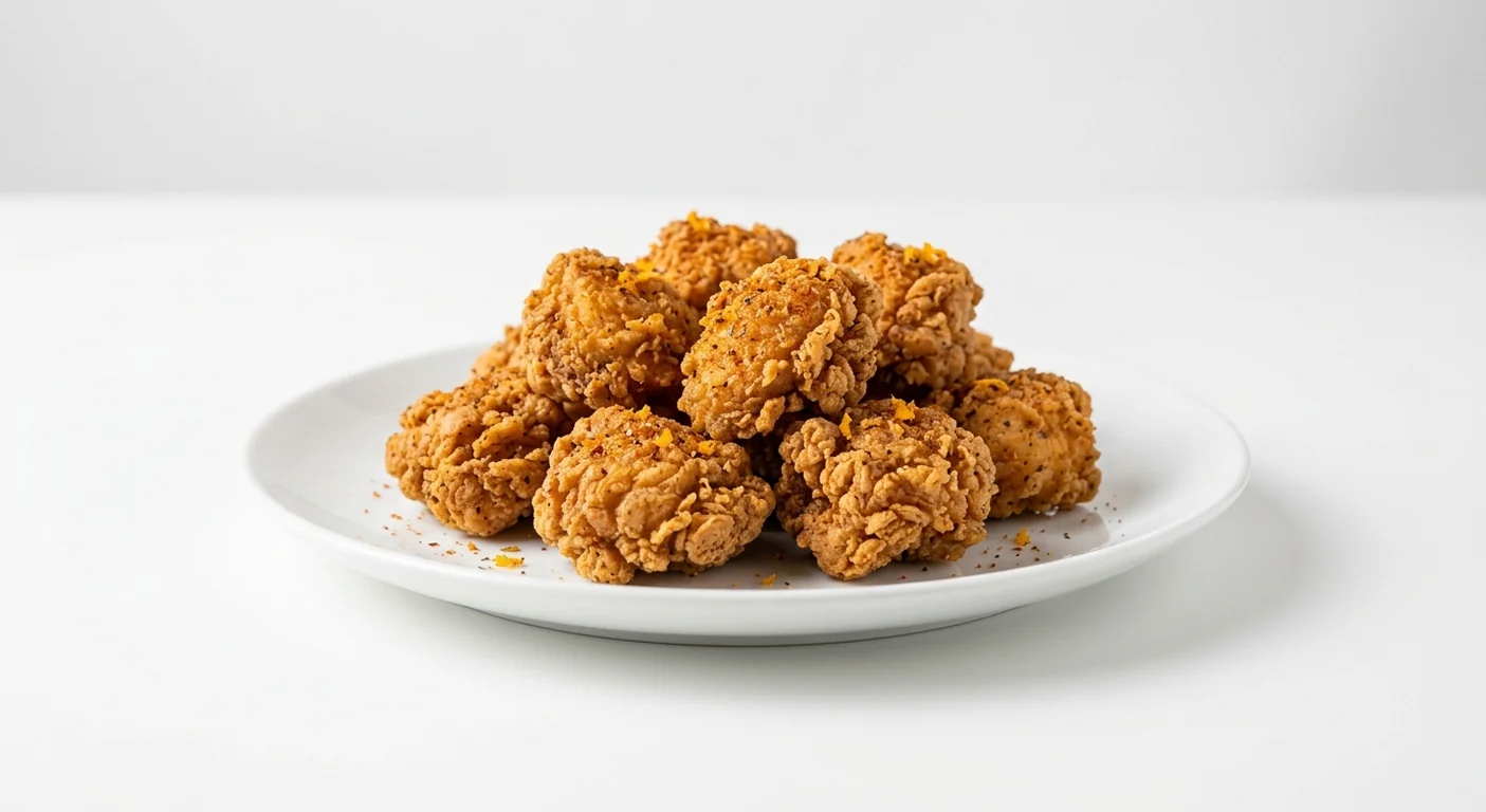 Popeyes 8 Cajun Citrus Boneless, a generous pile of bite-sized crispy chicken breast pieces dusted with Cajun citrus seasoning on a white plate, nutrition and calories