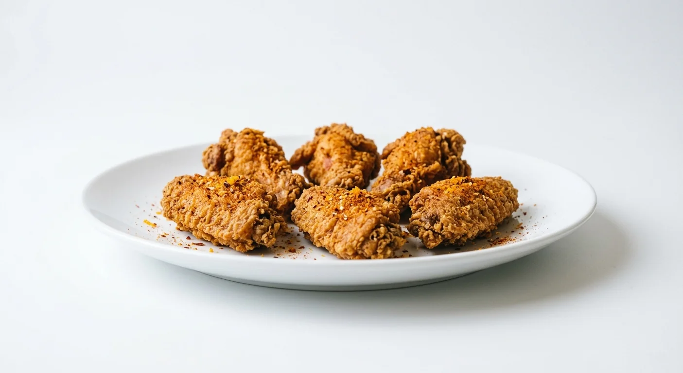 Popeyes 6 Cajun Citrus Wings, six crispy fried chicken wings dusted with Cajun citrus seasoning on a white plate, nutrition and calories