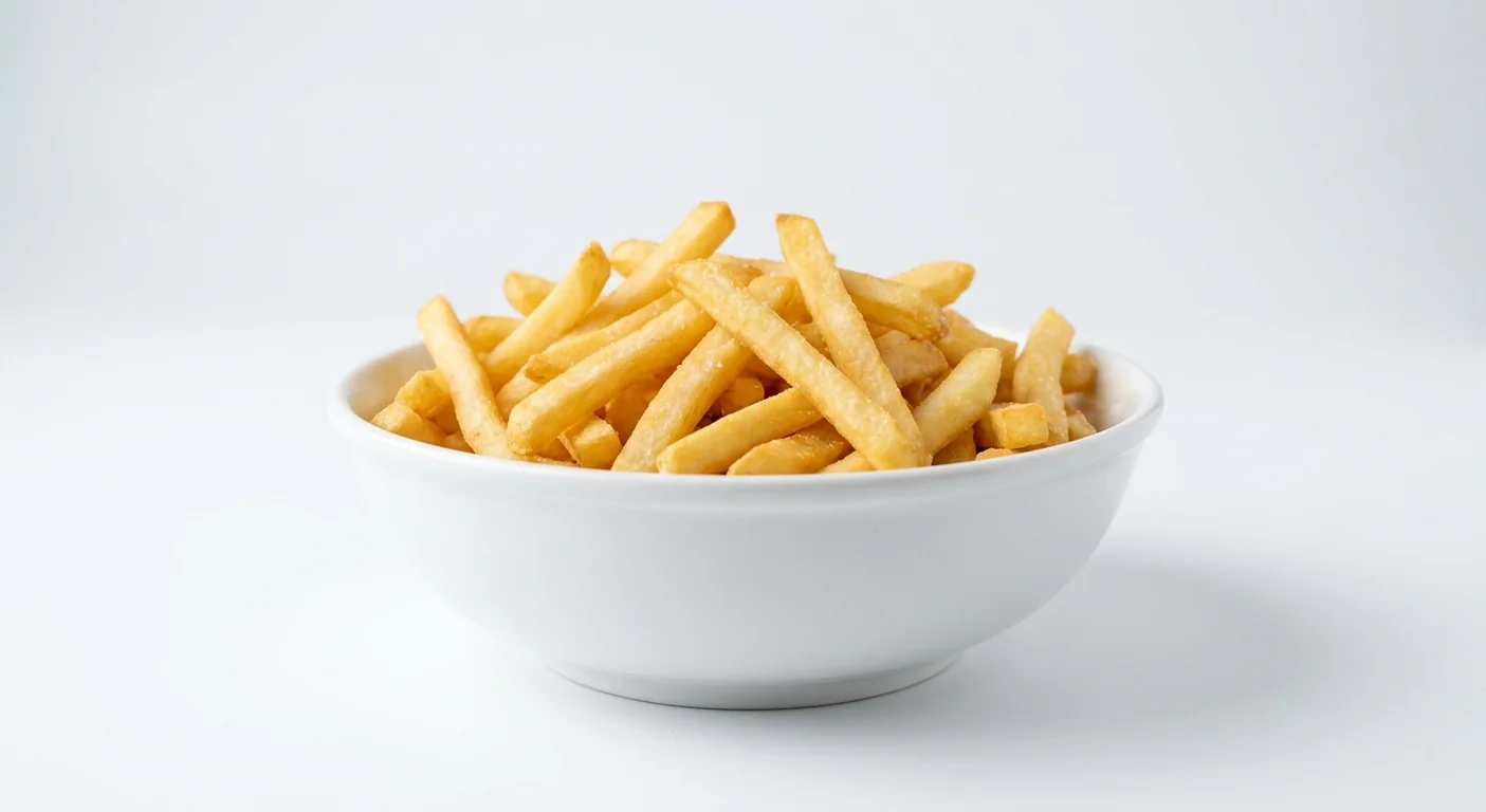 Popeyes Regular Fries, crispy golden straight-cut fries in a white bowl, nutrition and calories