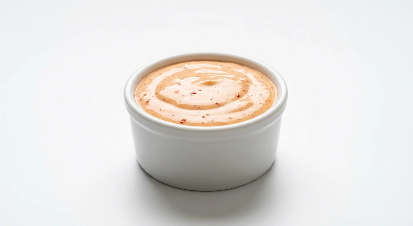 Popeyes Kickback Dip, creamy spicy orange dipping sauce in a white ramekin, nutrition and calories