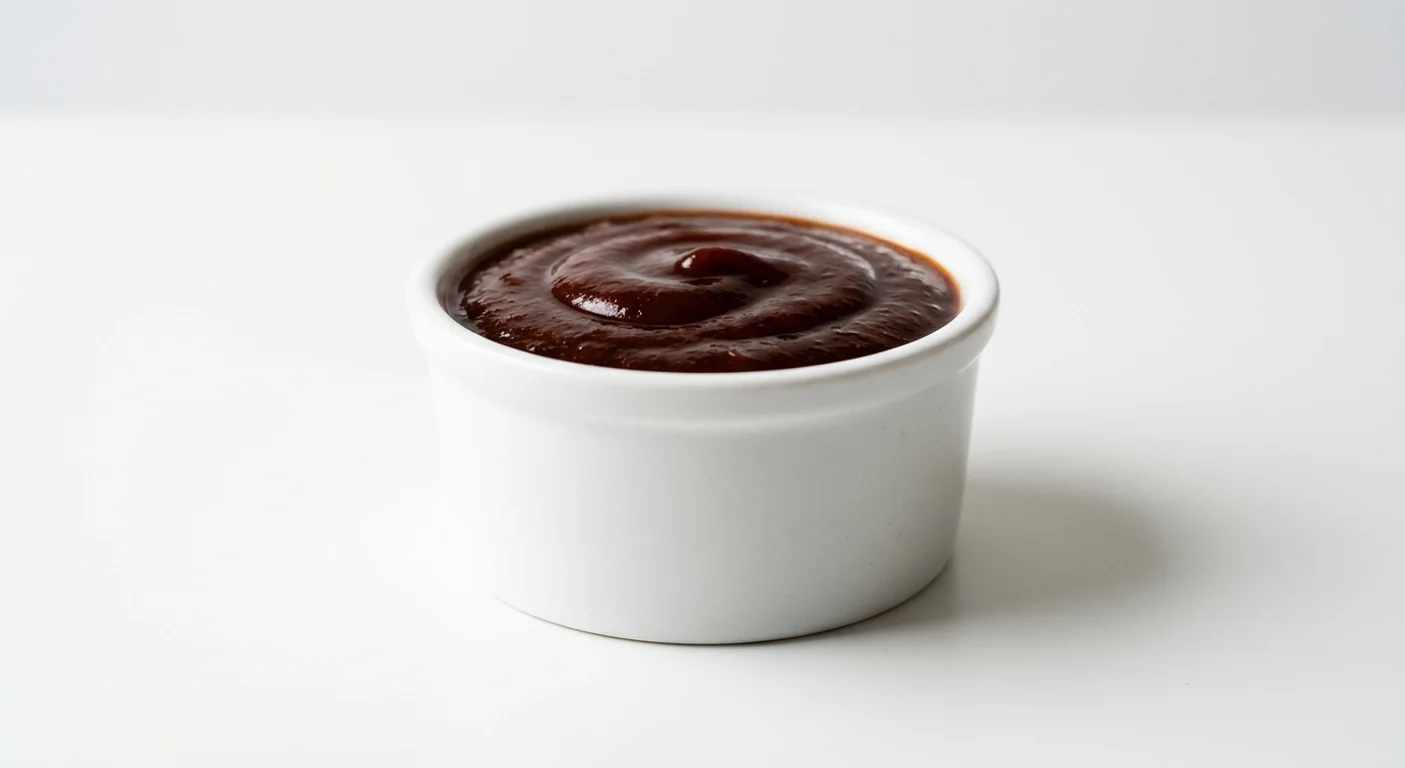 Popeyes Bold BBQ, thick dark smoky barbecue sauce in a white ramekin, nutrition and calories