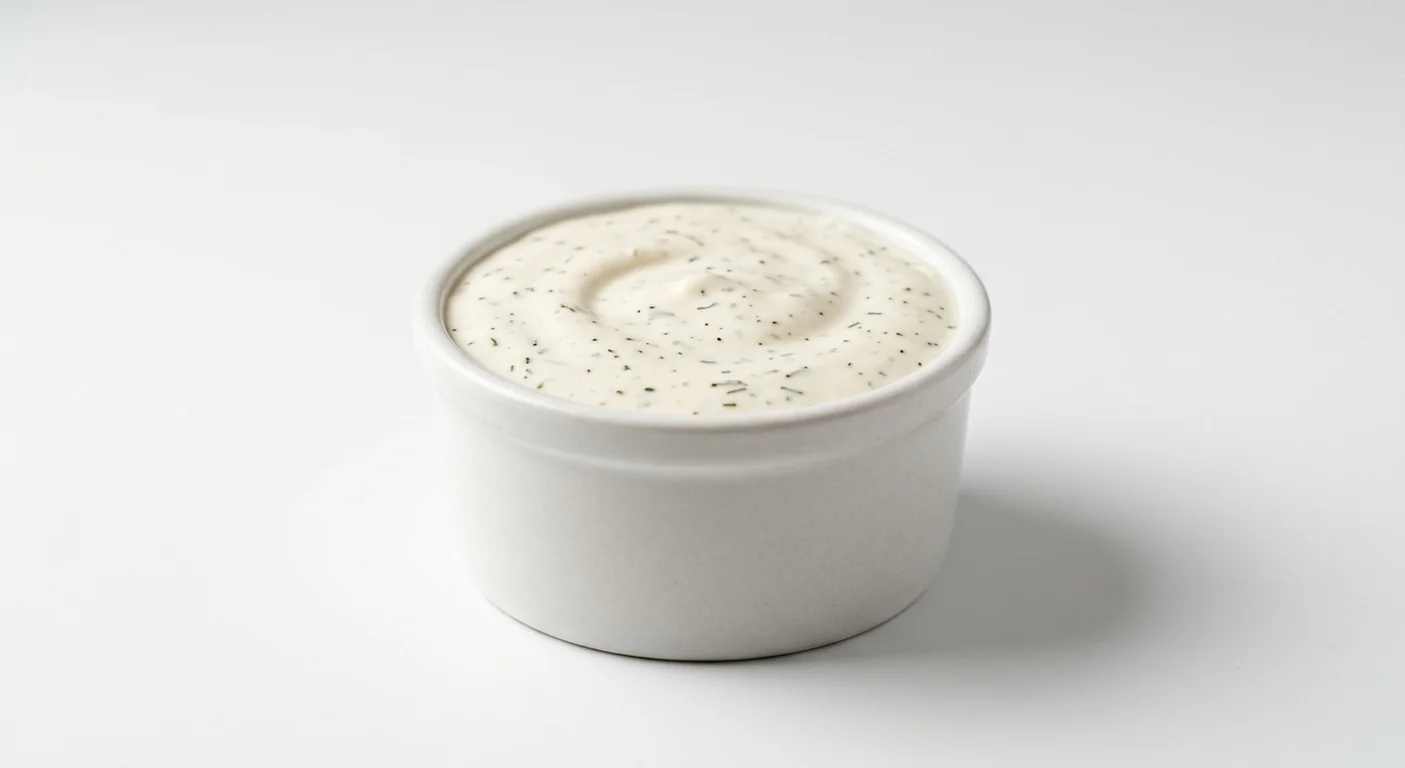 Popeyes Ranch, creamy white ranch dip with herbs in a white ramekin, nutrition and calories
