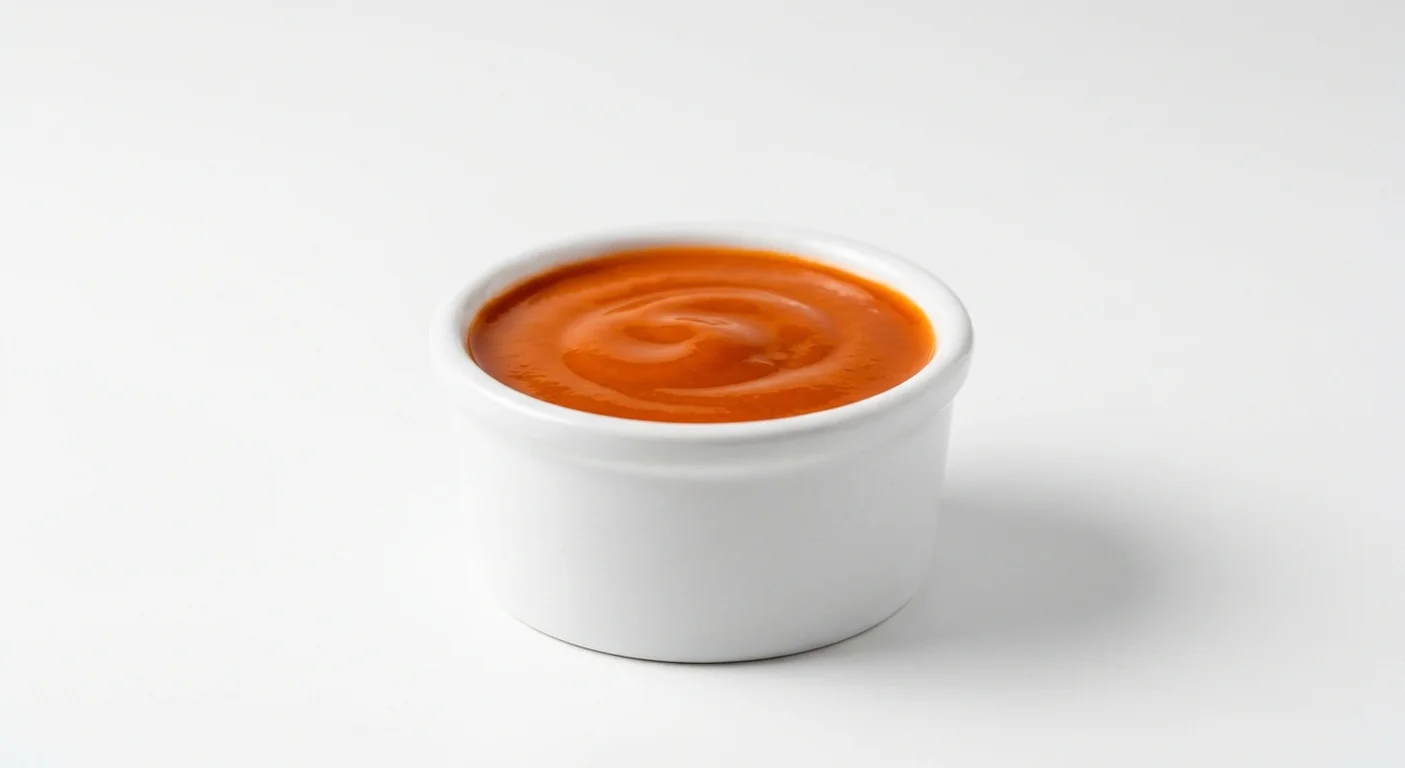 Popeyes Buffalo, glossy orange-red buffalo hot sauce in a white ramekin, nutrition and calories