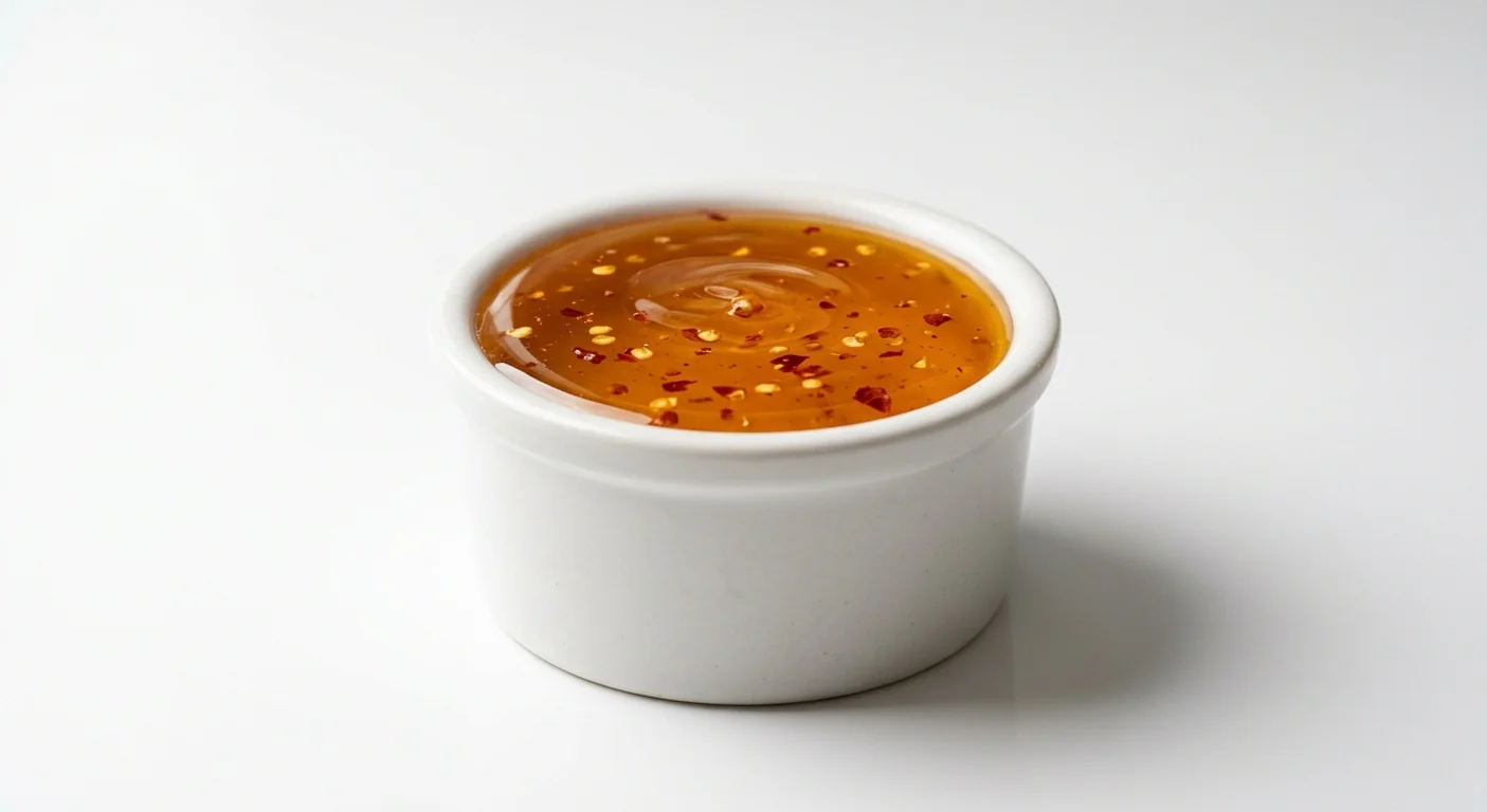 Popeyes Hot Honey, golden amber hot honey sauce with chilli flakes in a white ramekin, nutrition and calories