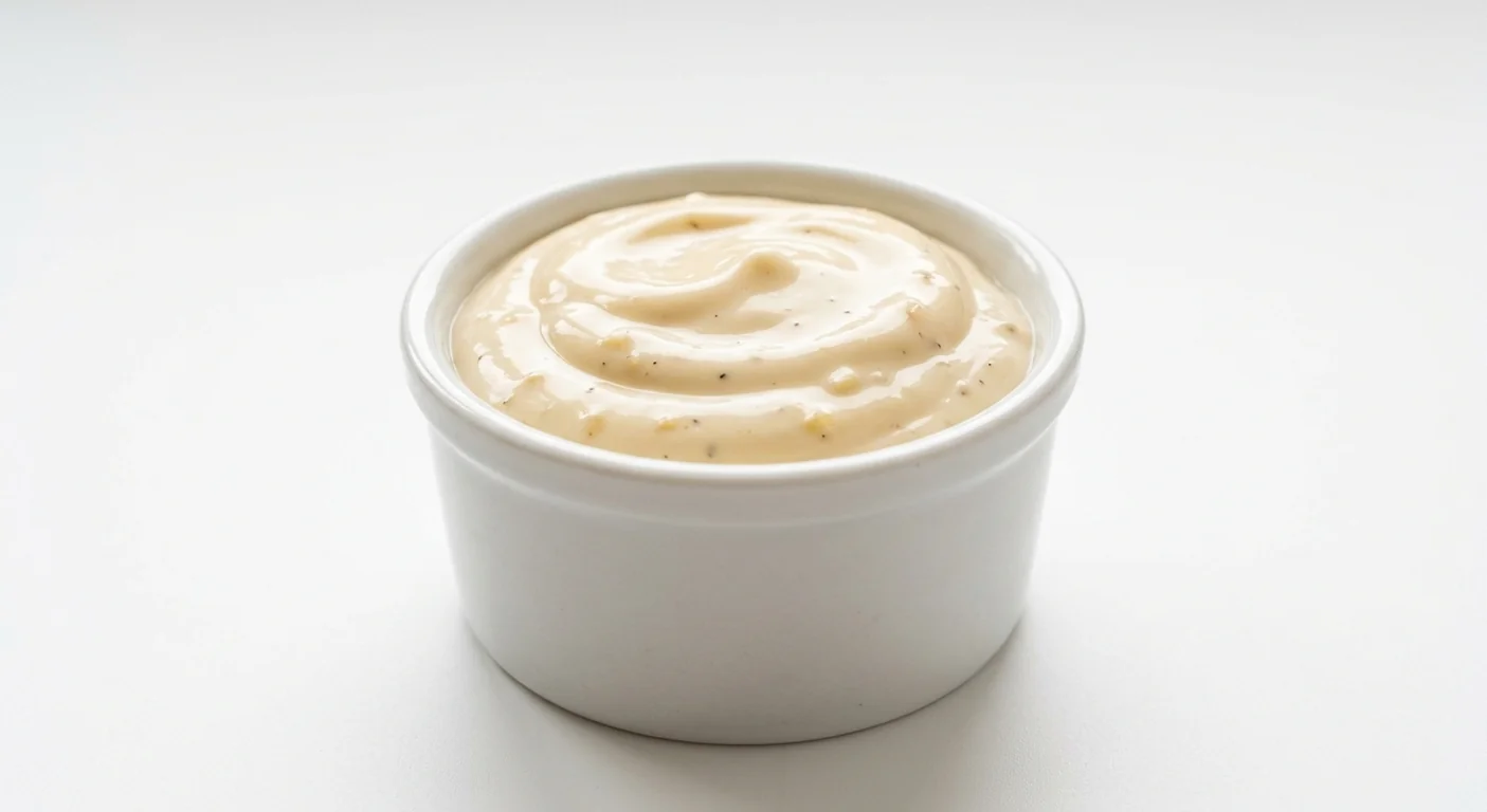 Popeyes Garlic Mayo, creamy garlic mayonnaise in a white ramekin, nutrition and calories
