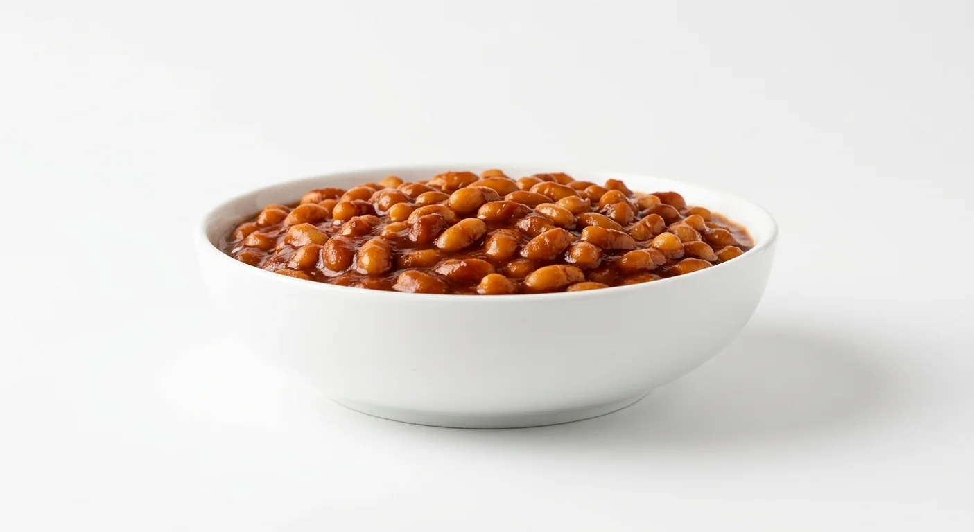 Popeyes Smoky Beans, baked beans in a smoky barbecue tomato sauce in a white bowl, nutrition and calories