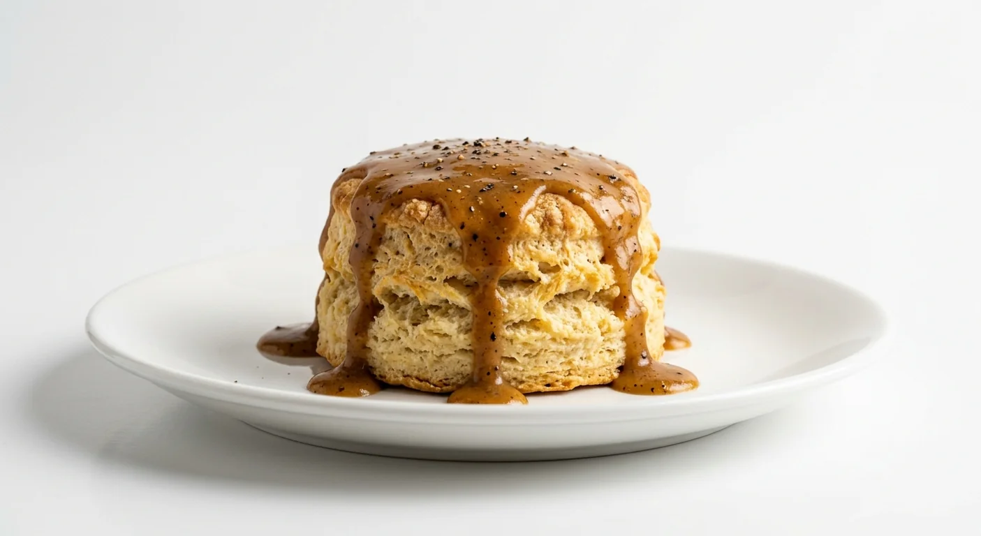 Popeyes Biscuit & Cajun Gravy, a buttermilk biscuit topped with Cajun gravy on a white plate, nutrition and calories