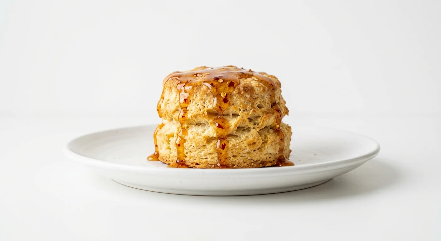 Popeyes Biscuit & Hot Honey, a golden flaky buttermilk biscuit drizzled with hot honey on a white plate, nutrition and calories