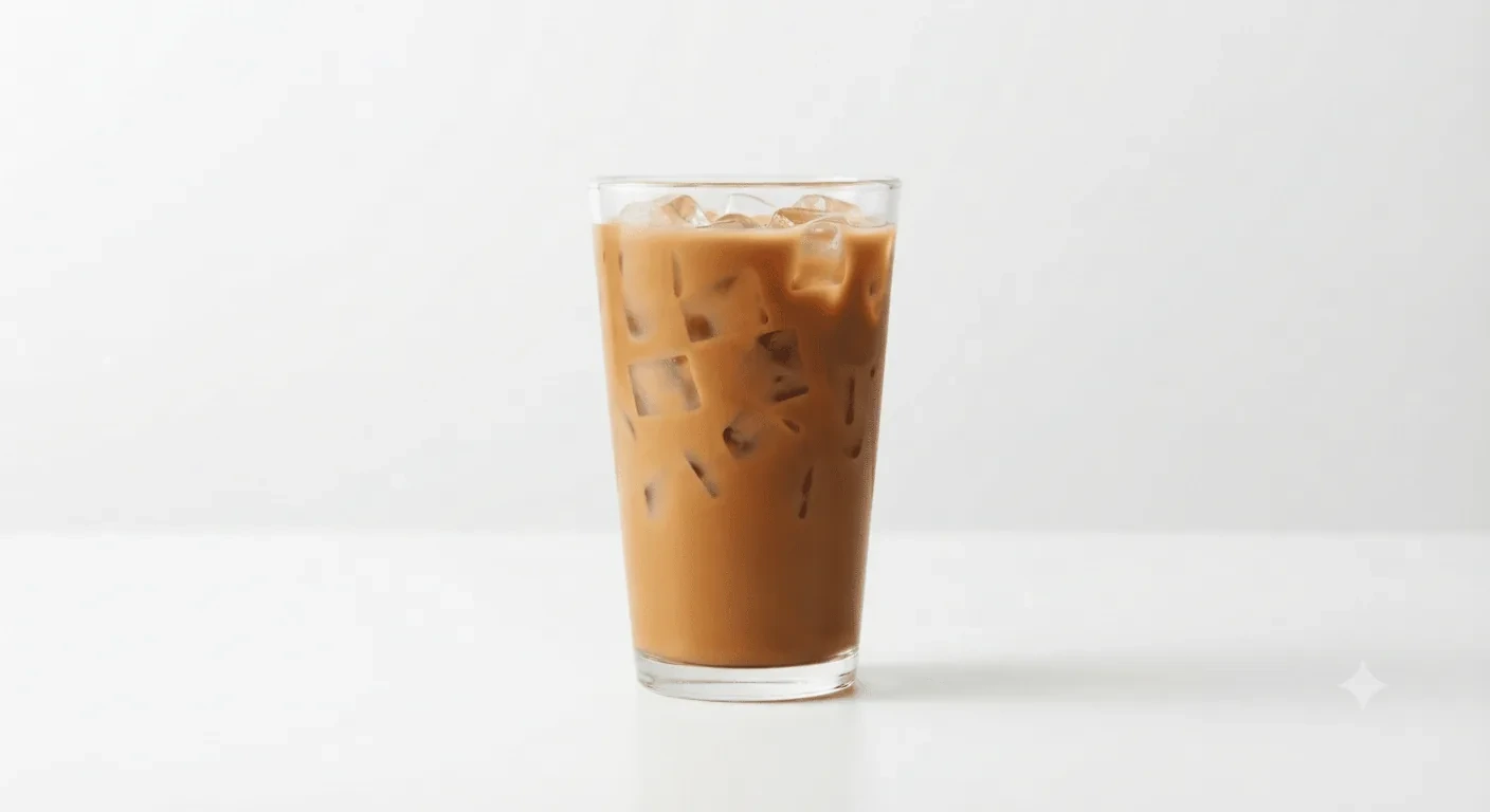 Costa Iced Latte (Medium, Oat Milk), iced latte over ice in a tall clear glass, nutrition and calories