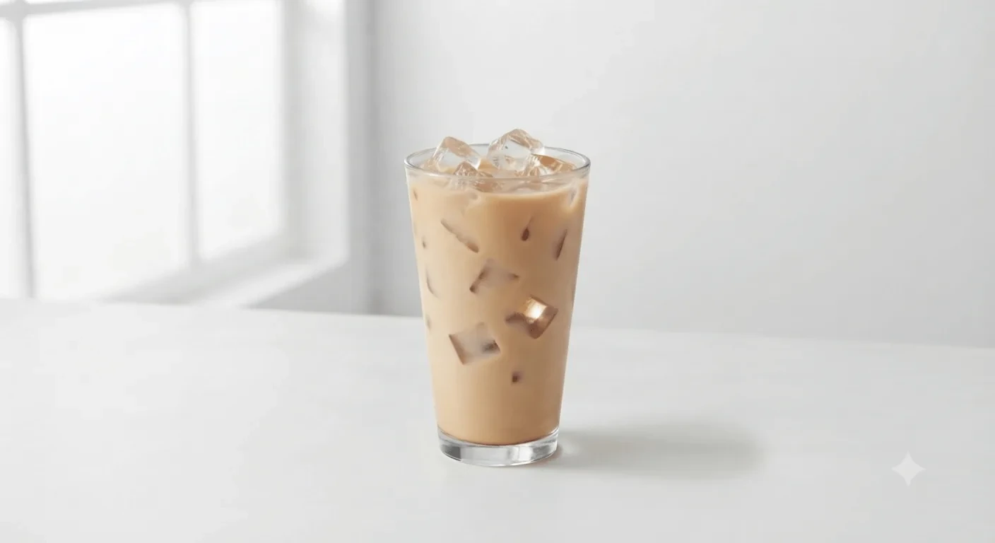 Costa Iced Chai Latte (Medium, Oat Milk), chai latte over ice in a clear glass, nutrition and calories