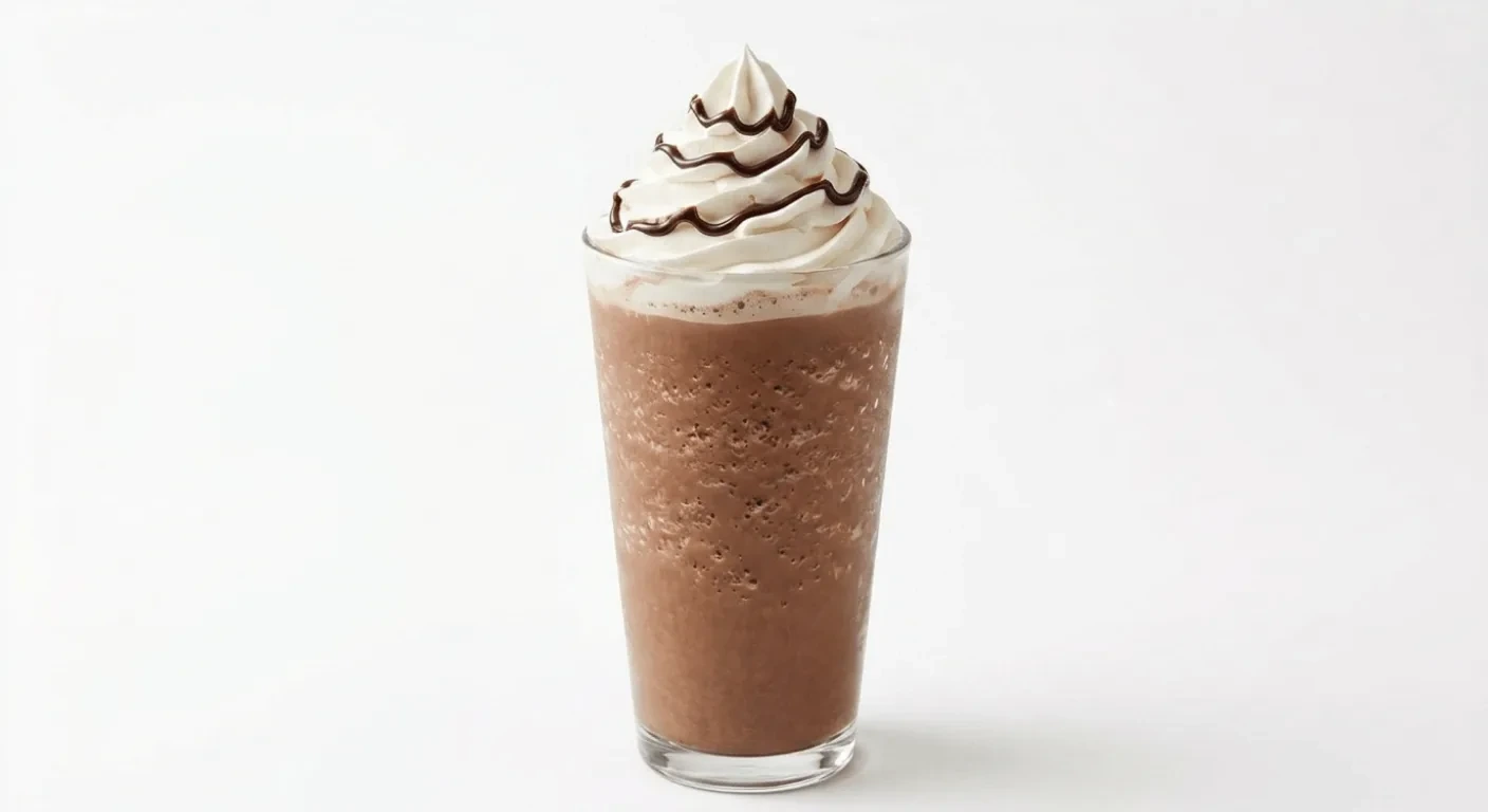 Costa Chocolate Fudge Frappé (Small), chocolate frappé topped with whipped cream and chocolate drizzle in a clear cup, nutrition and calories
