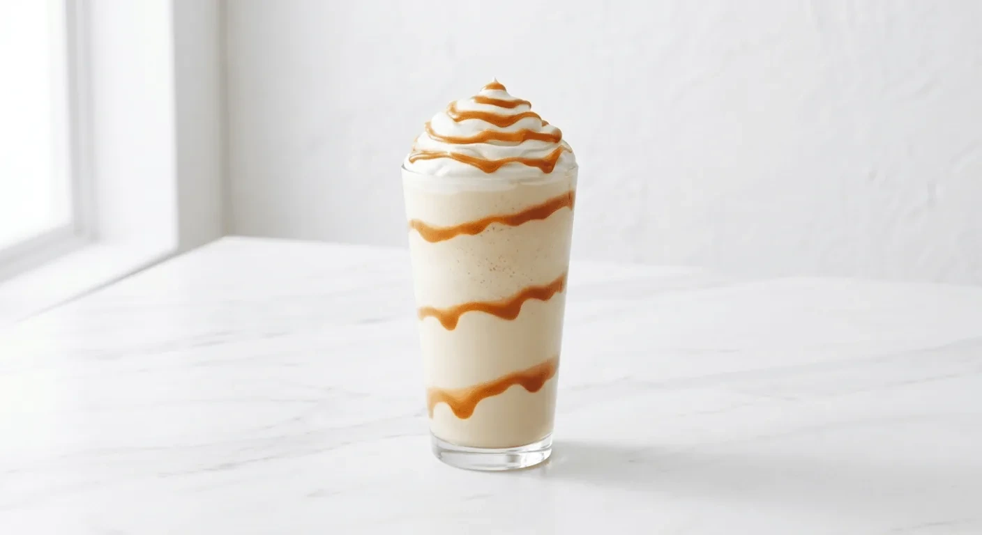 Costa Salted Caramel Frappé (Medium, Oat Milk), blended frappé with caramel drizzle in a tall clear glass, nutrition and calories