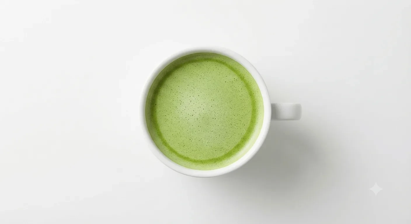 Costa Matcha Latte (Medium), green matcha latte in a white cup, seen from above, nutrition and calories