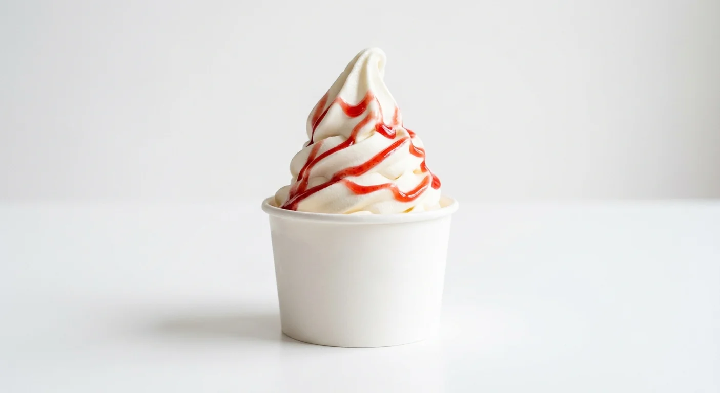 Popeyes Strawberry Whipz, vanilla soft-serve ice cream drizzled with strawberry sauce in a white tub, nutrition and calories