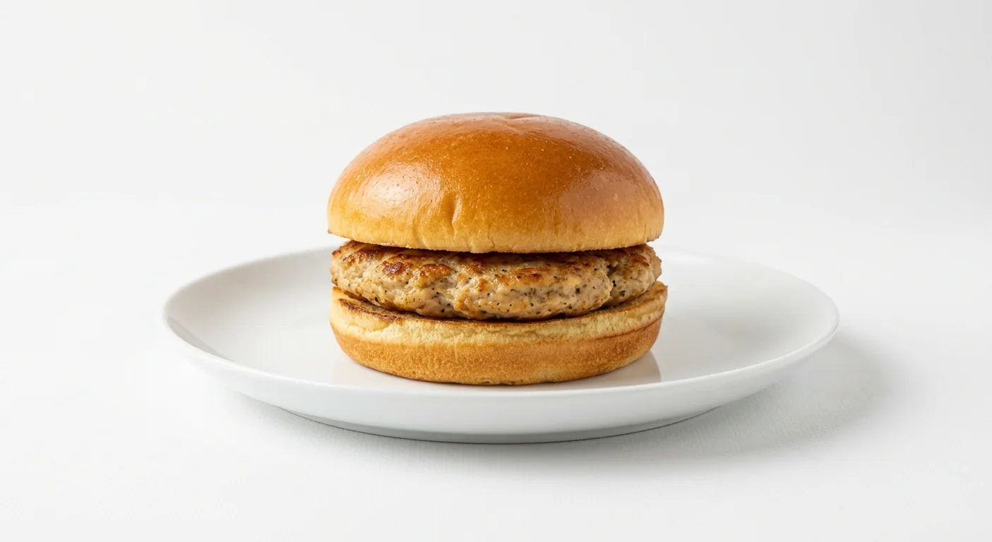 Popeyes Breakfast Roll with Chicken Breakfast Patty & Cajun Ketchup, a seasoned chicken breakfast patty in a toasted brioche bun on a white plate, nutrition and calories