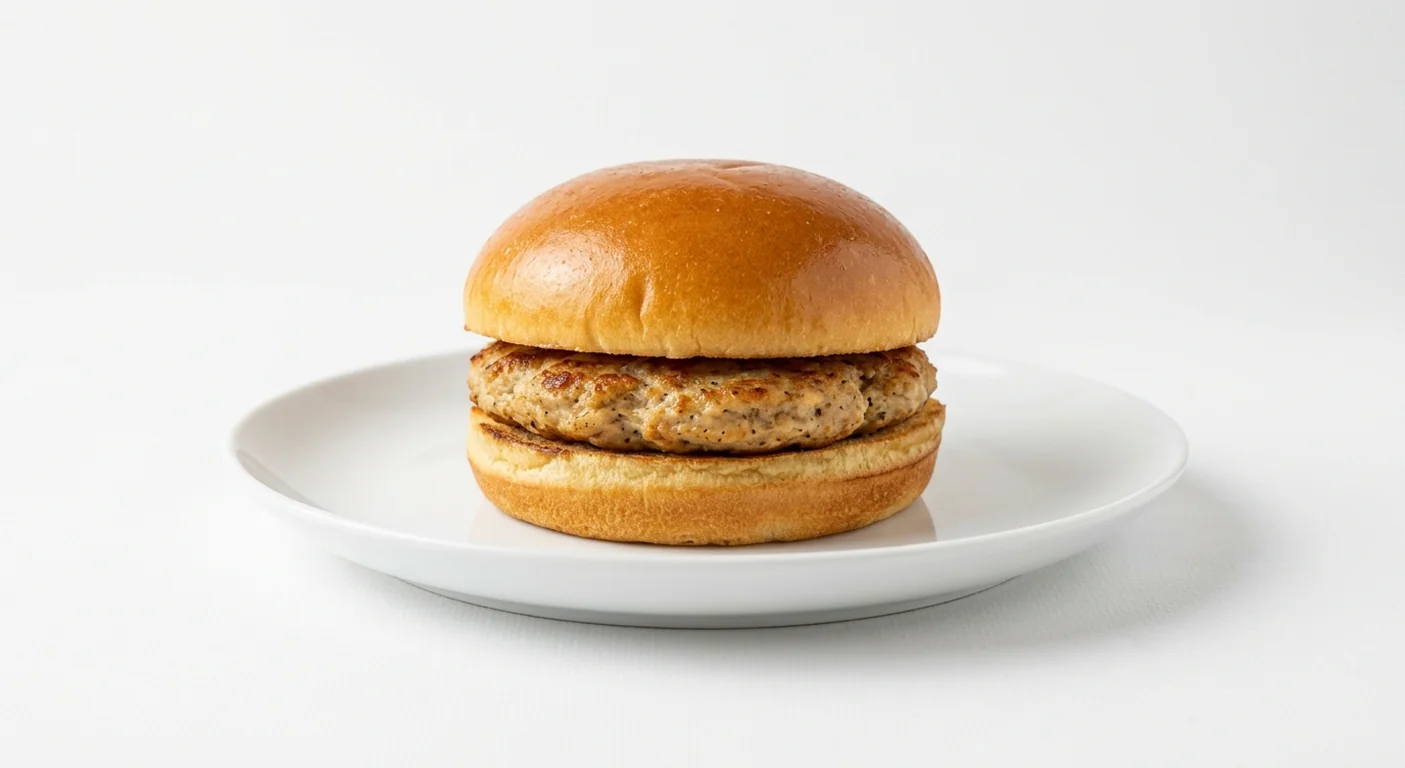 Popeyes Breakfast Roll with Chicken Breakfast Patty & Heinz Ketchup, a seasoned chicken breakfast patty in a toasted brioche bun on a white plate, nutrition and calories