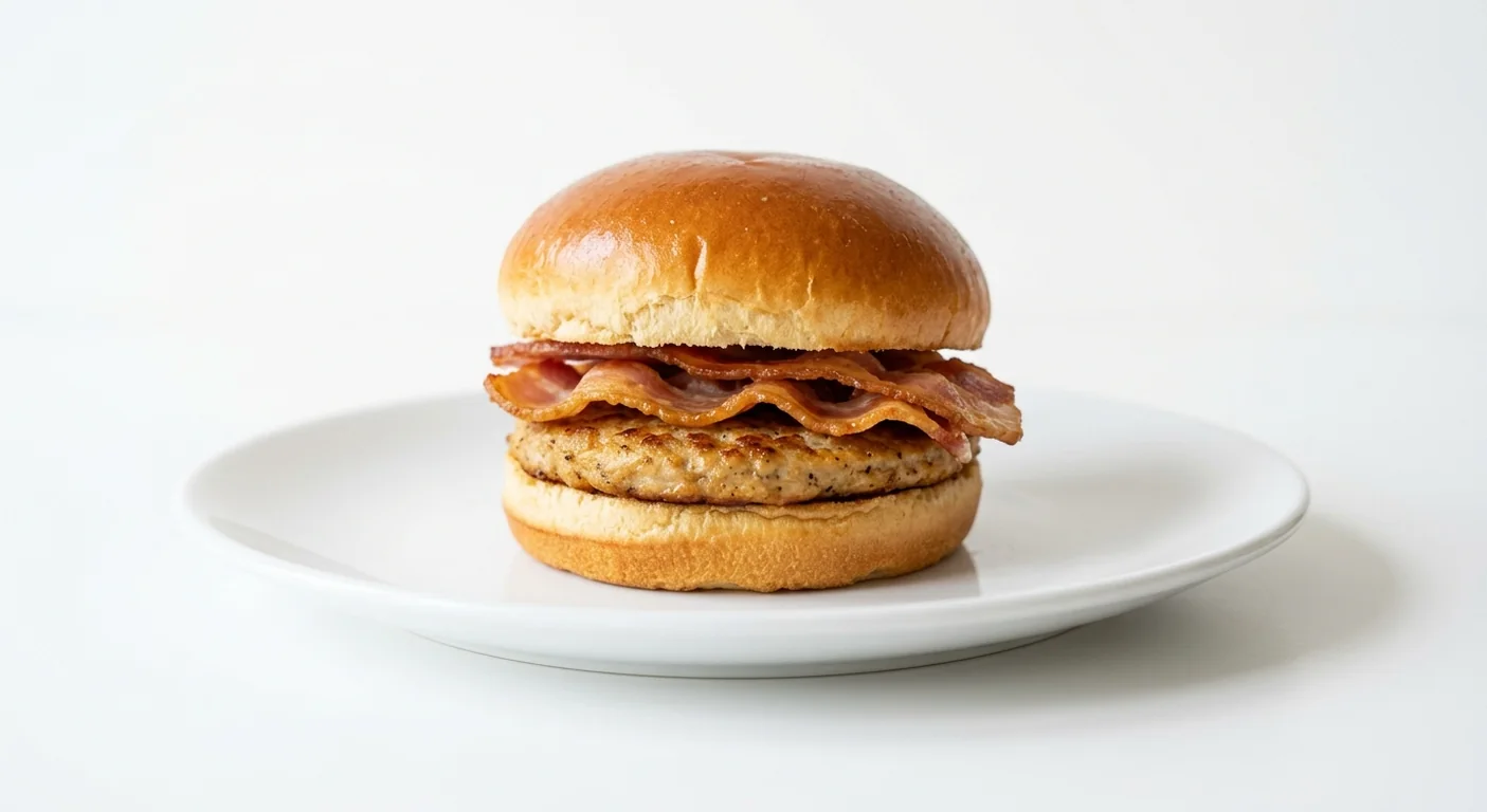 Popeyes Breakfast Roll with Chicken Breakfast Patty, Streaky Bacon & Cajun Ketchup, a chicken breakfast patty and crispy streaky bacon in a brioche bun on a white plate, nutrition and calories