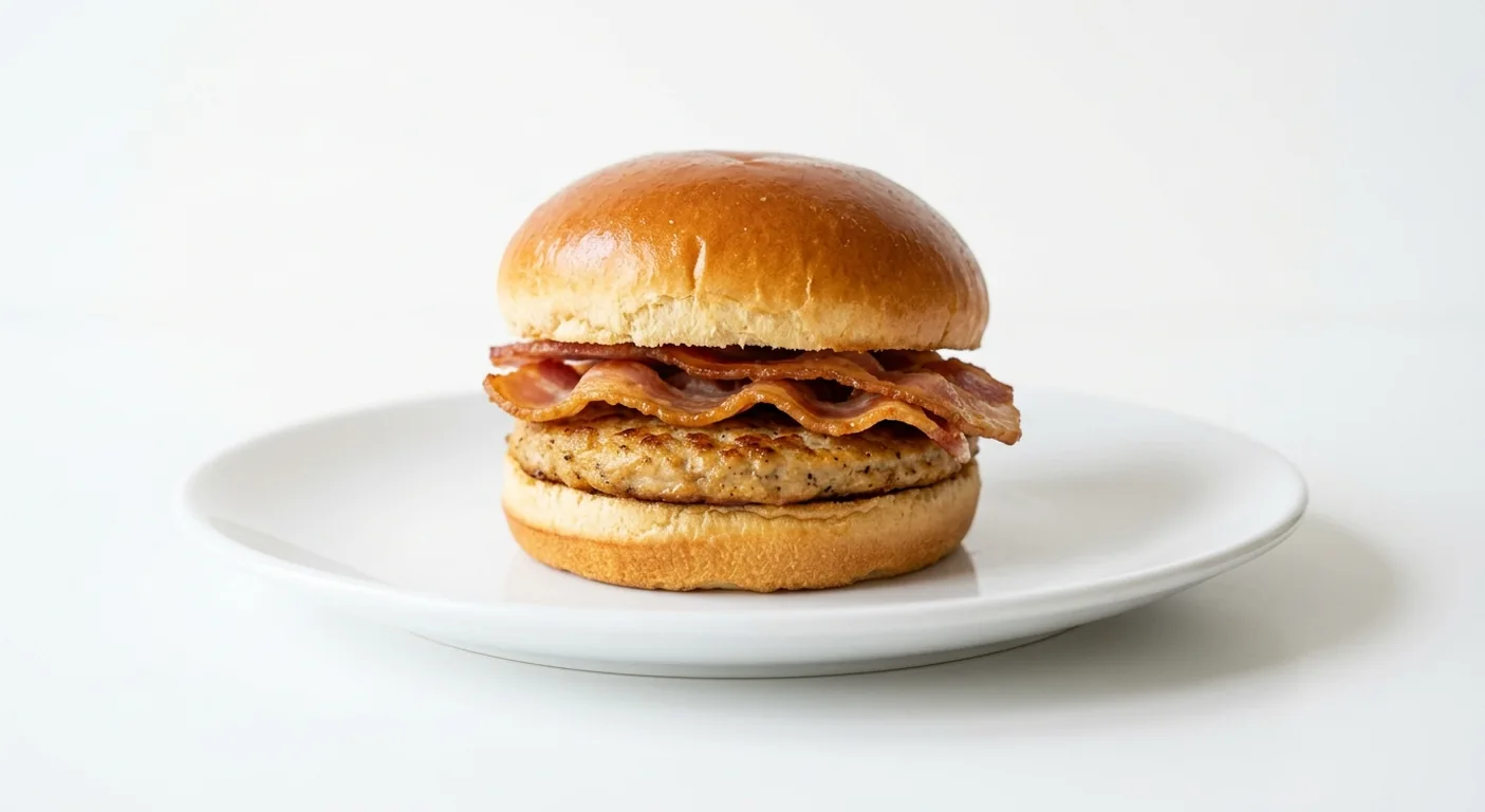 Popeyes Breakfast Roll with Chicken Breakfast Patty, Streaky Bacon & HP Sauce, a chicken breakfast patty and crispy streaky bacon in a brioche bun on a white plate, nutrition and calories