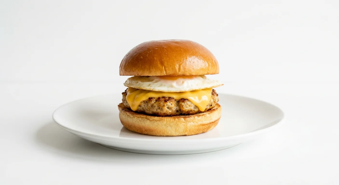Popeyes Big Breakfast Roll with Chicken Breakfast Patty & Heinz Ketchup, a chicken breakfast patty, fried egg and American cheese in a brioche bun on a white plate, nutrition and calories