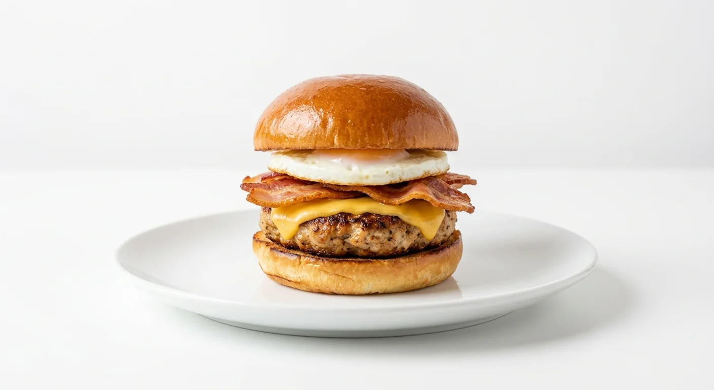 Popeyes Big Breakfast Roll with Chicken Breakfast Patty, Streaky Bacon & HP Sauce, a chicken breakfast patty, streaky bacon, fried egg and American cheese in a brioche bun on a white plate, nutrition and calories