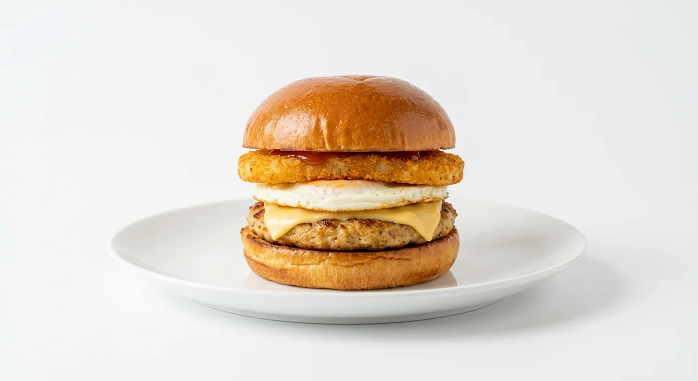 Popeyes Big Cajun Roll with Chicken Breakfast Patty, a chicken breakfast patty, fried egg, American cheese and Cajun hash brown in a brioche bun on a white plate, nutrition and calories