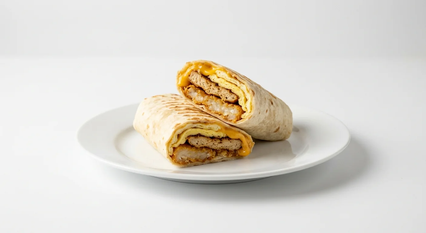 Popeyes Big Breakfast Wrap with Chicken Breakfast Patty & Heinz Ketchup, a toasted wrap filled with chicken breakfast patty, egg, American cheese and hash brown on a white plate, nutrition and calories