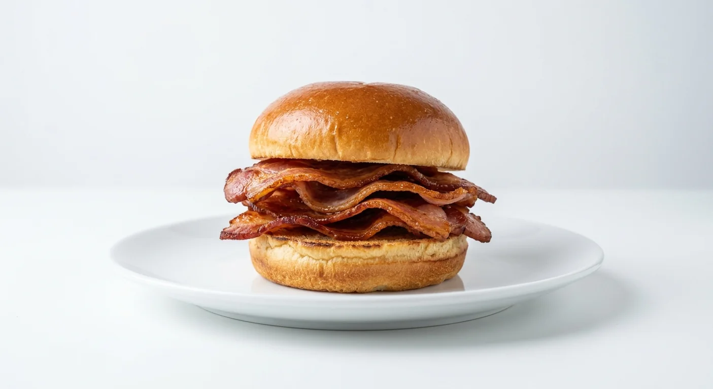 Popeyes Bacon Roll, crispy smoked streaky bacon in a toasted brioche bun on a white plate, nutrition and calories