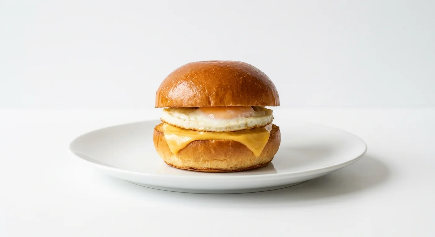 Popeyes Egg & Cheese Roll, a fried egg and American cheese in a toasted brioche bun on a white plate, nutrition and calories