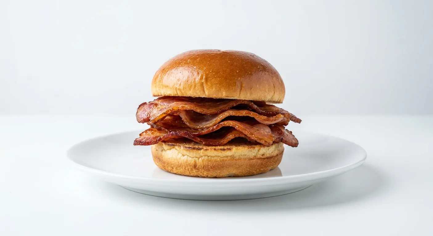 Popeyes Bacon Roll with Heinz Ketchup, crispy smoked streaky bacon in a toasted brioche bun on a white plate, nutrition and calories