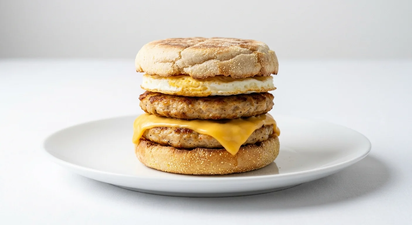 Popeyes Double Chicken Breakfast Patty, Egg & Cheese Muffin, two chicken breakfast patties, a free-range egg and American cheese in a toasted English muffin on a white plate, nutrition and calories