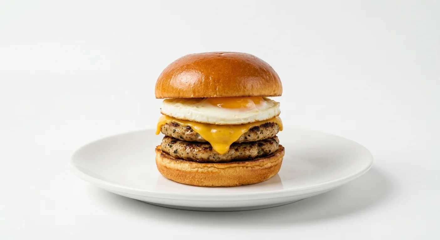 Popeyes Double Sausage, Egg & Cheese Roll with Brown Sauce, two chicken sausage patties, a fried egg and American cheese in a brioche bun on a white plate, nutrition and calories