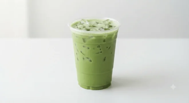 Costa Iced Matcha Latte (Large), green matcha latte over ice in a clear cup, nutrition and calories
