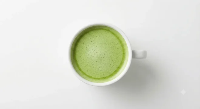 Costa Matcha Latte (Large), green matcha latte in a white cup, seen from above, nutrition and calories