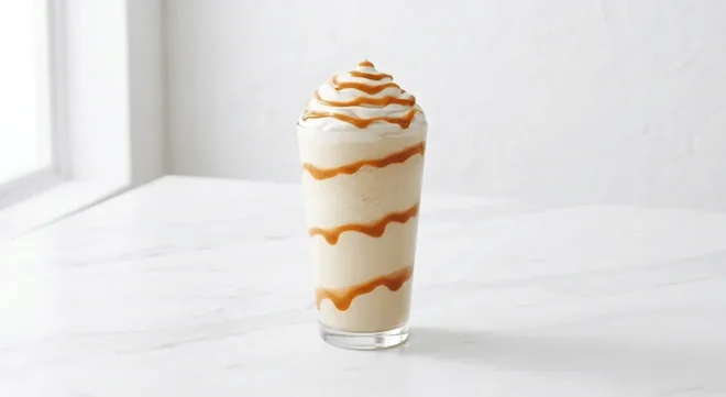 Costa Salted Caramel Frappé (Medium), blended frappé with caramel drizzle in a tall clear glass, nutrition and calories
