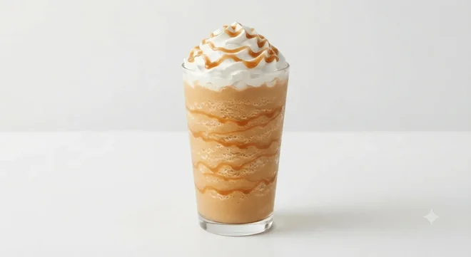 Costa Salted Caramel & Coffee Frappé (Medium), coffee frappé with caramel drizzle and whipped cream in a clear cup, nutrition and calories