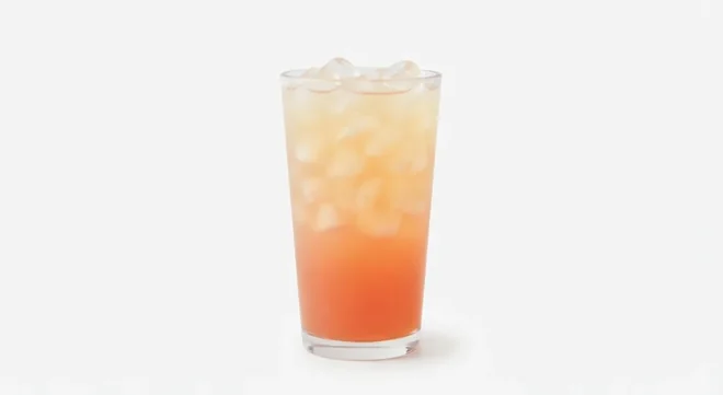 Costa Peach Iced Tea (Medium), peach iced tea over ice in a tall clear glass, nutrition and calories
