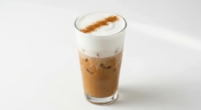 Costa Iced Cappuccino (Large), iced coffee with a dusted milk foam top in a clear glass, nutrition and calories