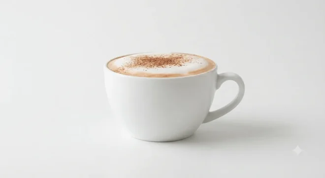 Costa Cappuccino (Large), cappuccino with a dusted foam top in a white cup, nutrition and calories