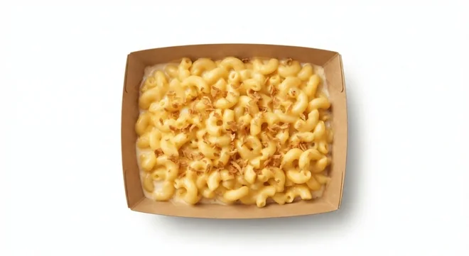Costa Mac & Cheese, macaroni cheese in a cardboard tray, nutrition and calories