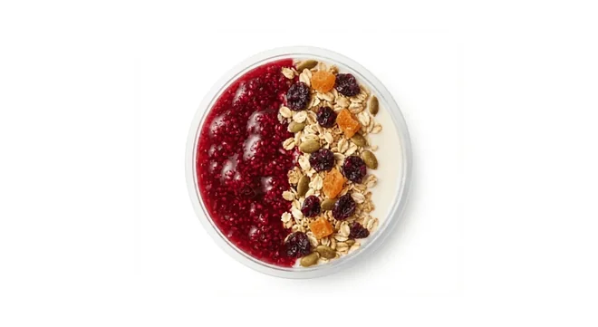 Costa Greek Style Yogurt with Berry Compote & Granola, pot of yogurt topped with berry compote and granola, seen from above, nutrition and calories