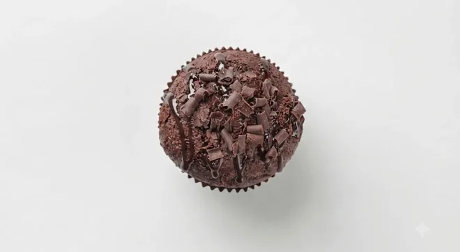 Costa Triple Chocolate Muffin, chocolate muffin topped with chocolate curls, seen from above, nutrition and calories