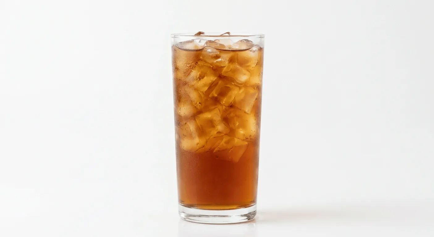 Burger King US Unsweetened Iced Tea (Large), amber iced tea over ice in a tall clear glass, nutrition and calories