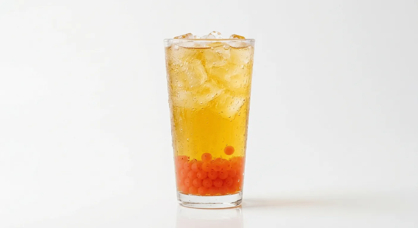 McDonald's US Mango Pineapple Refresher, a golden fruit drink over ice with orange fruit pearls settled at the base