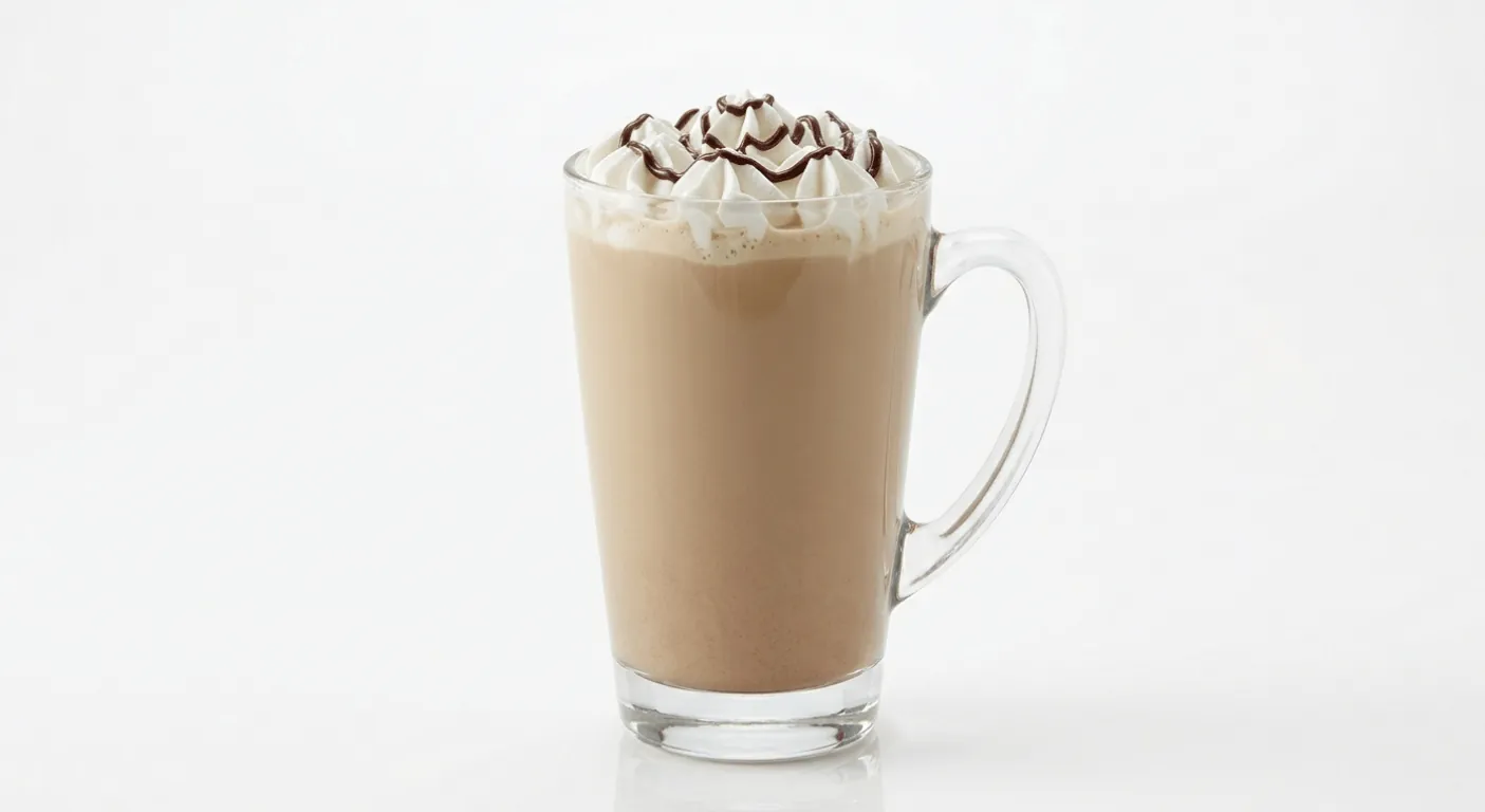 McDonald's US Mocha Latte topped with whipped cream and a chocolate drizzle in a clear glass mug