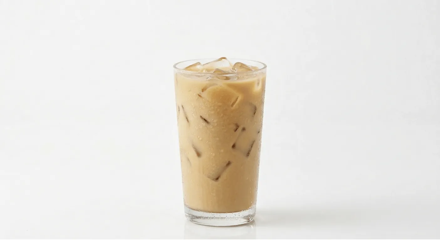 Burger King US Vanilla Iced Coffee (Large), a milky vanilla iced coffee over ice in a tall clear glass, nutrition and calories