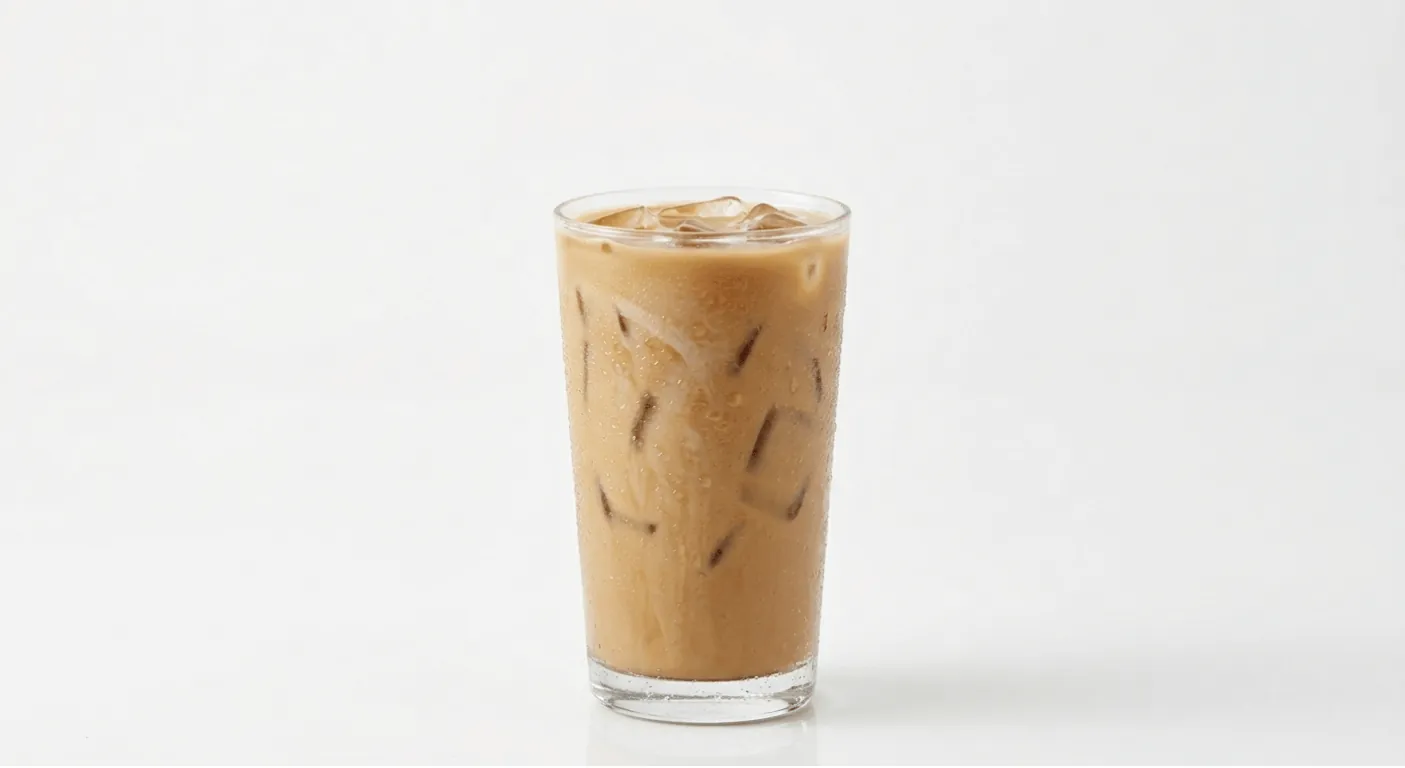 Burger King US Plain Iced Coffee (Medium), a milky iced coffee over ice in a tall clear glass, nutrition and calories