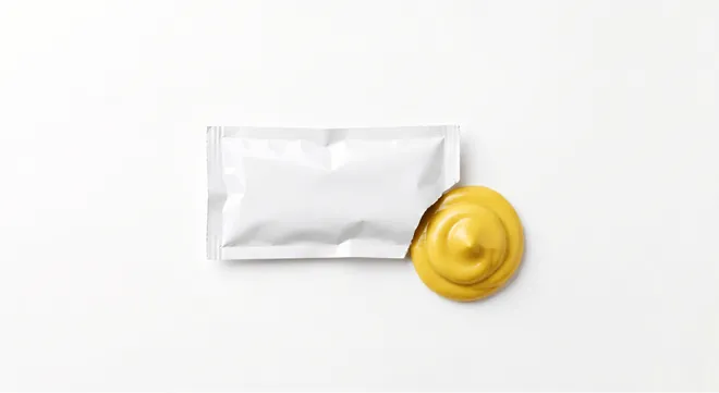 Burger King US Mustard Packet, a plain white sachet with a dollop of yellow mustard, nutrition and calories