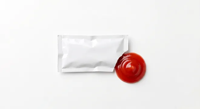 Burger King US Ketchup Packet, a plain white sachet with a dollop of ketchup, nutrition and calories