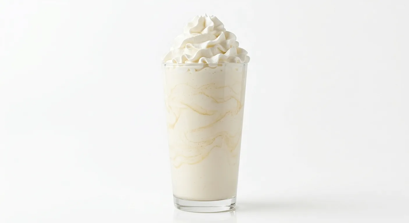 McDonald's US Vanilla Shake, a thick vanilla milkshake topped with whipped cream in a tall glass